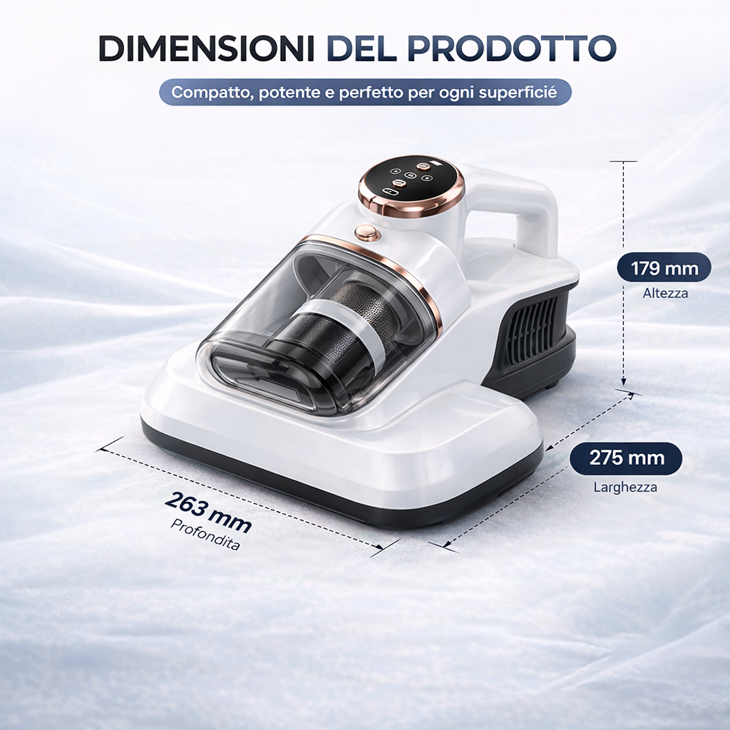 Aspirapolvere Portatile per Materassi 10kPa – Anti-Acaro, UV & Filtro HEPA, Rimozione Polvere Profonda per Letti, Divani e Tessuti – Cordless 1500mAh, 3 Livelli di Aspirazione