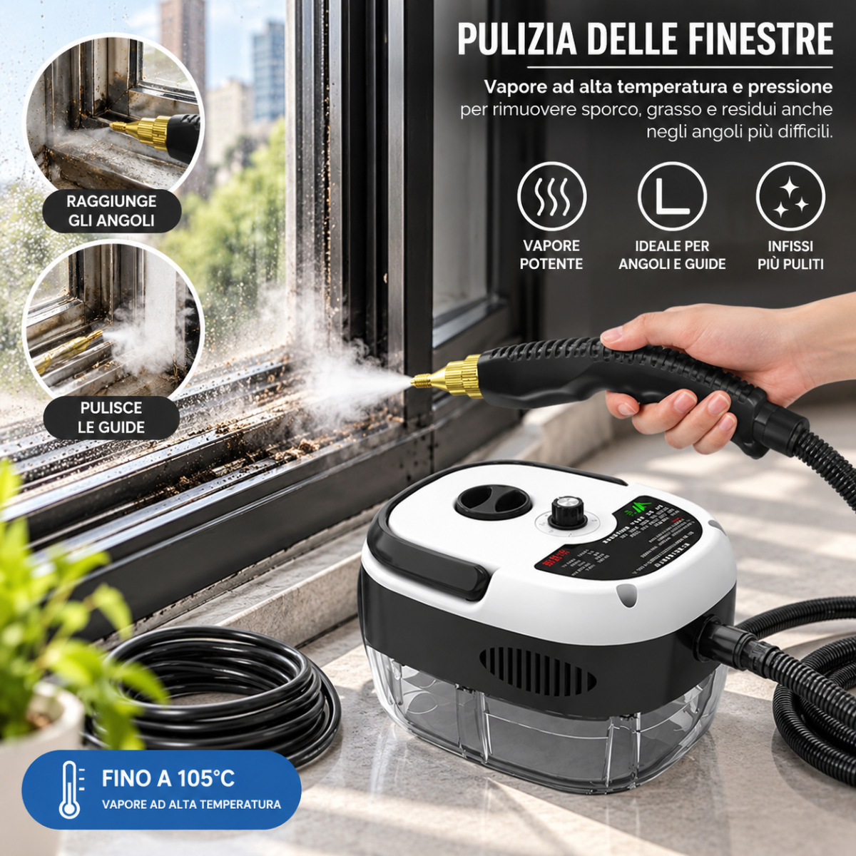 Pulitore a Vapore Professionale 2500W ad Alta Pressione 3 BAR, Temperatura 105°C, Pistola a Vapore con Tubo Flessibile, Pulizia Cucina, Forno, Cappa, Piastrelle e Fughe, Sgrassatore Elettrico