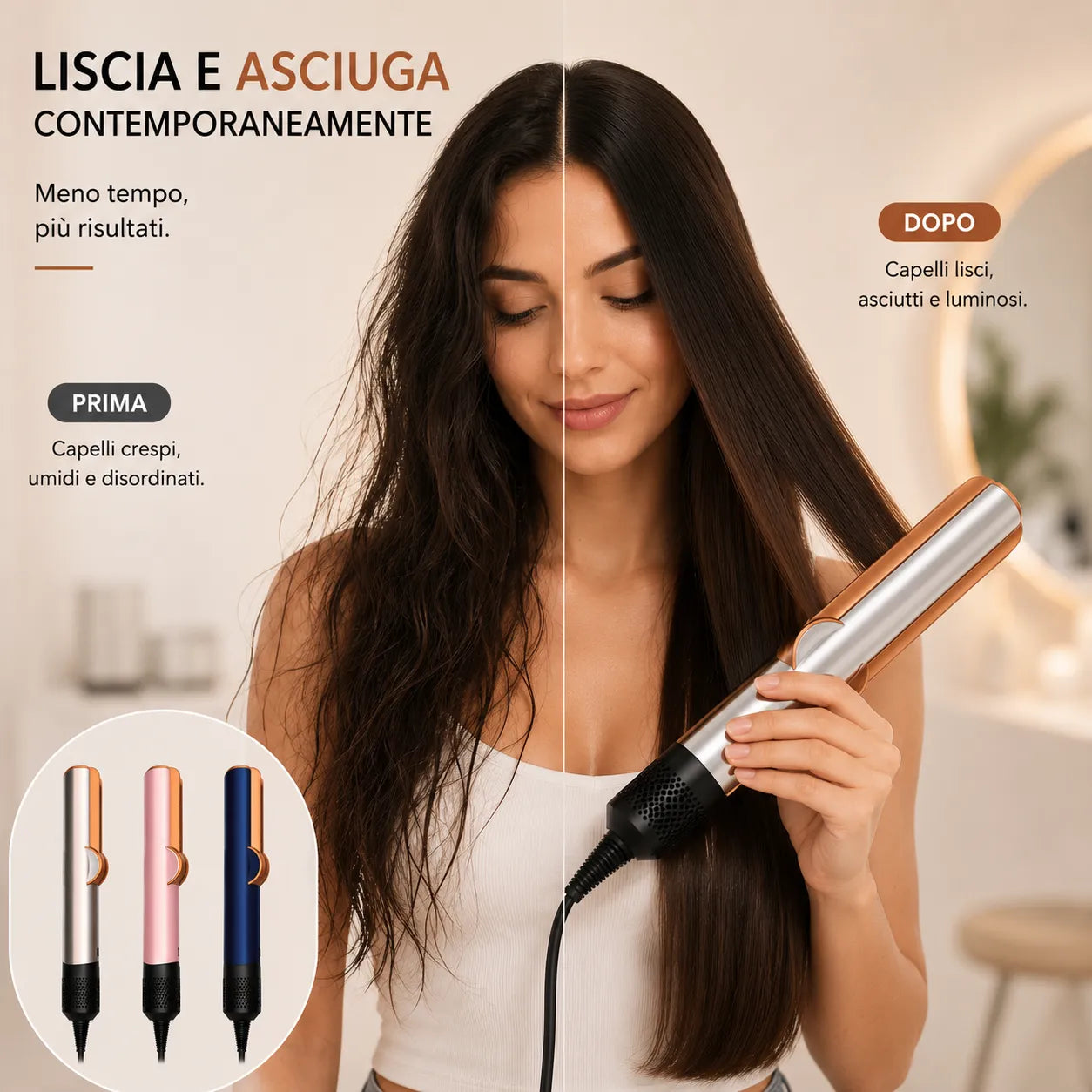 Silk One Piastra Asciuga e Liscia Capelli 2 in 1 ad Aria – Asciugacapelli e Piastra Lisciante – Capelli Asciutti e Lisci in un Solo Passaggio – Controllo Intelligente della Temperatura