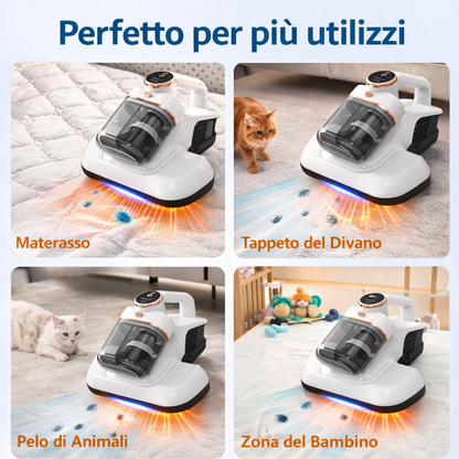 Aspirapolvere Portatile per Materassi 10kPa – Anti-Acaro, UV & Filtro HEPA, Rimozione Polvere Profonda per Letti, Divani e Tessuti – Cordless 1500mAh, 3 Livelli di Aspirazione