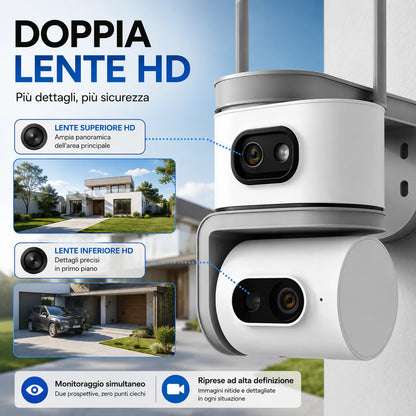 Telecamera WiFi Esterno 6MP Doppia Lente PTZ 355° Auto Tracking AI Visione Notturna a Colori Audio Bidirezionale IP67