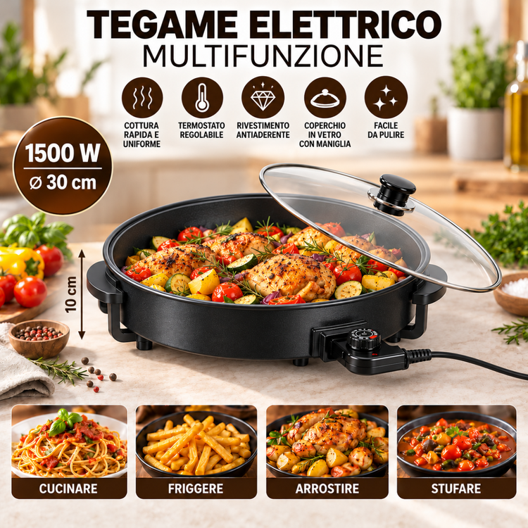 Tegame Elettrico Multifunzione 1500W Ø 30 cm con Coperchio in Vetro, Termostato Regolabile, Padella Antiaderente per Cucinare, Friggere, Arrostire e Stufare