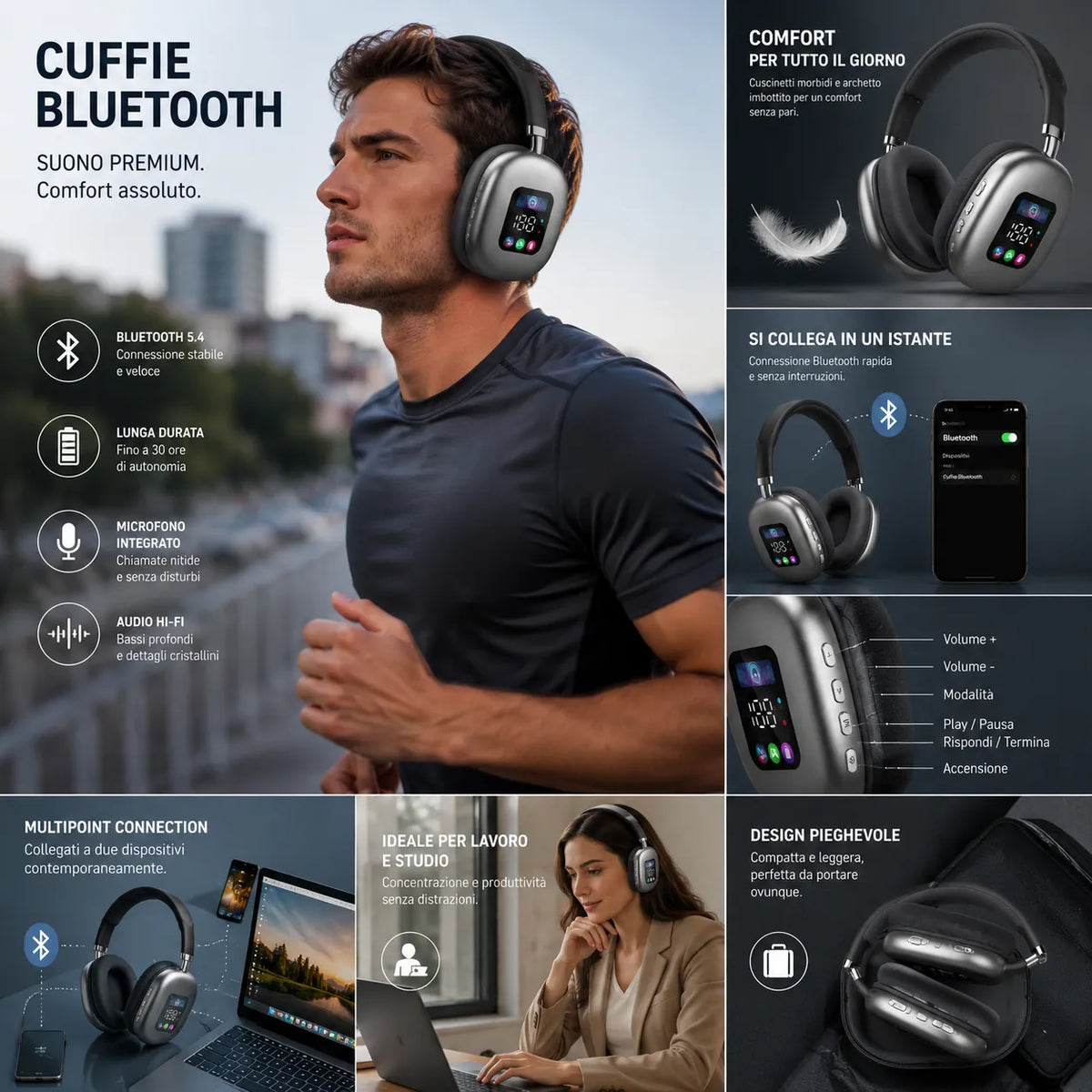 Cuffie Bluetooth Wireless 5.4 con Display Integrato – Audio Hi-Fi Stereo, Bluetooth 5.4, Microfono, Over-Ear