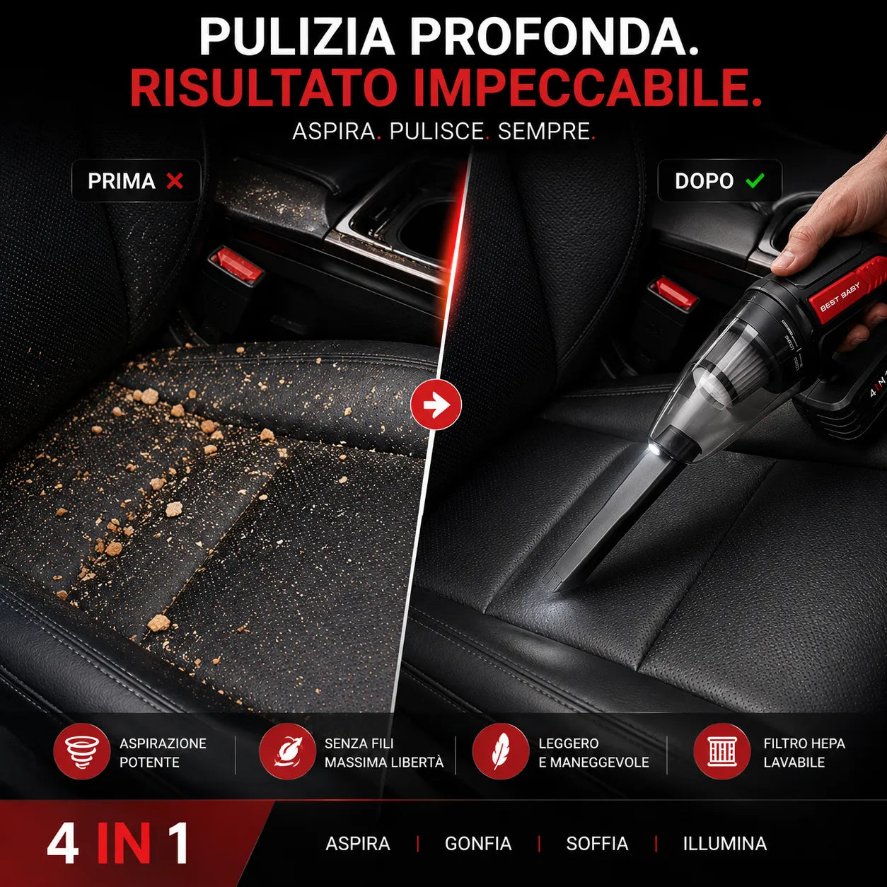Aspirapolvere portatile auto 4 in 1 compressore gonfiatore soffiatore torcia LED wireless
