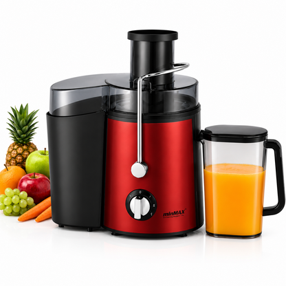 Estrattore di Succo Elettrico 1000W con 2 Velocità, Centrifuga Frutta e Verdura, Bocca Larga 65 mm, Caraffa 500 ml, Acciaio Inox, Rosso/Grigio