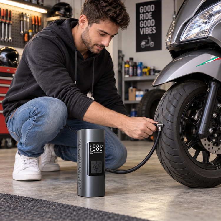 Mini Compressore Aria Portatile Elettrico Digitale con Display LCD, Gonfiatore per Pneumatici Auto, Moto, Bici e Palloni – Pompa con Batteria Ricaricabile, Funzione SOS e Accessori Inclusi