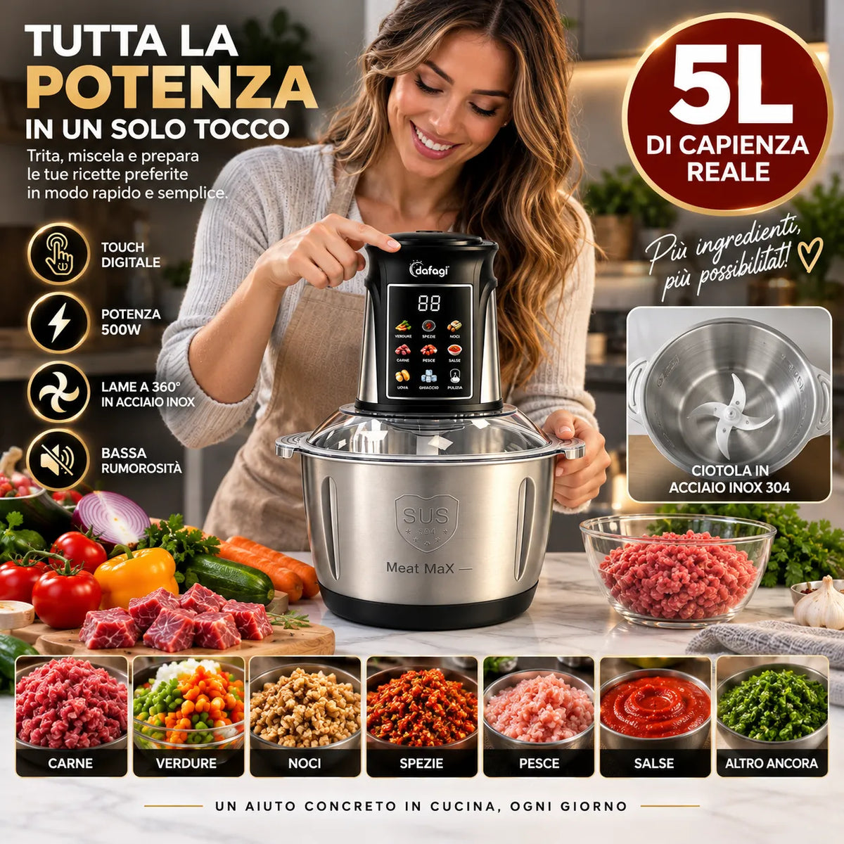 Tritatutto Elettrico DAFAGI 5 Litri 500W Touch Digitale con 4 Lame in Acciaio Inox a 360°, Doppia Velocità, Funzione Pulse, Ciotola in Acciaio, Multifunzione per Carne, Verdure, Salse e Impasti