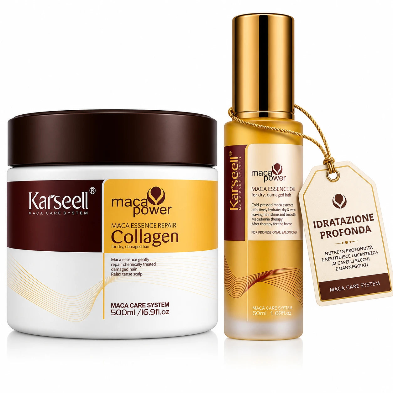 Karseell Maca Care System Set Riparazione Capelli Professionale – Maschera Collagene 500ml + Olio Argan 50ml – Nutriente Idratante Anticrespo Effetto Lucentezza per Capelli Secchi e Danneggiati