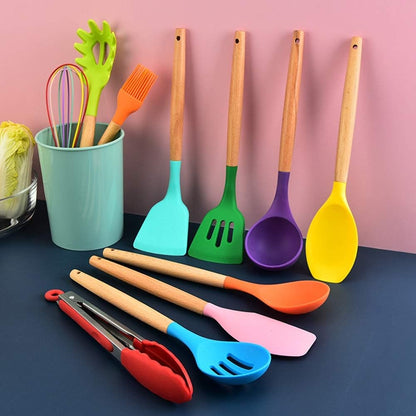 Set da cucina 12 pezzi in silicone e legno mestoli colorati nuovi