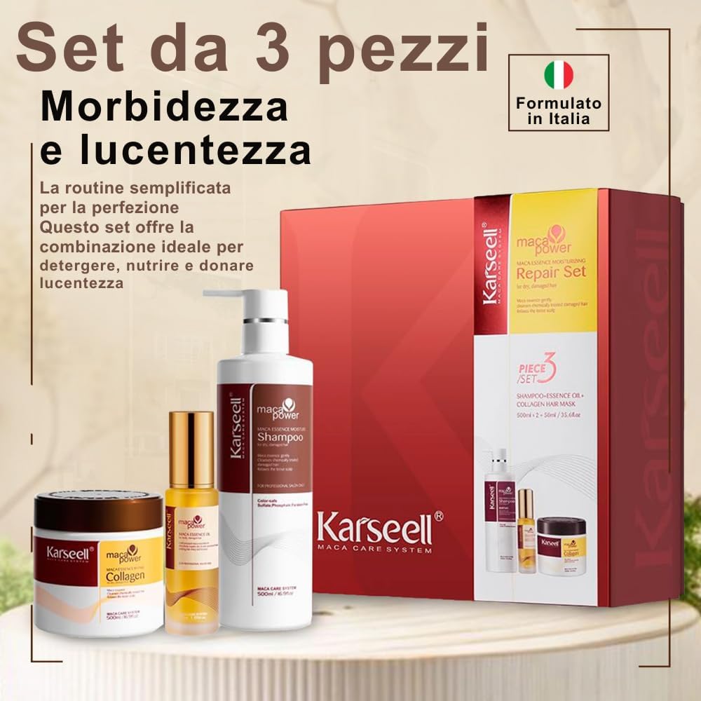 Karseell Maca Care System Set Riparazione Capelli – Maschera Collagene 500ml + Shampoo 500ml + Olio Argan 50ml – Trattamento Idratante Professionale Anticrespo Effetto Lucido per Capelli Secchi e Danneggiati