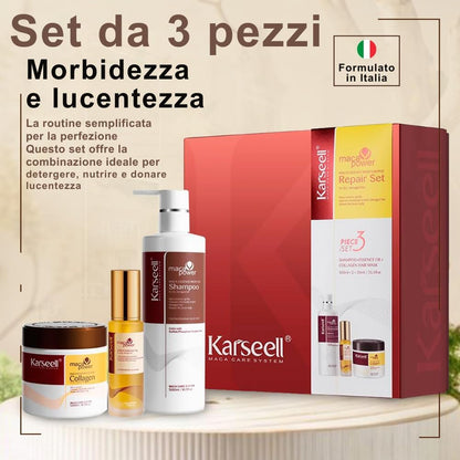 Karseell Maca Care System Set Riparazione Capelli – Maschera Collagene 500ml + Shampoo 500ml + Olio Argan 50ml – Trattamento Idratante Professionale Anticrespo Effetto Lucido per Capelli Secchi e Danneggiati