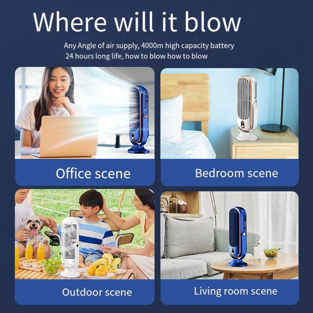 Ventilatore da Tavolo Senza Pale 720°, Silenzioso, Ricaricabile, 5 Velocità