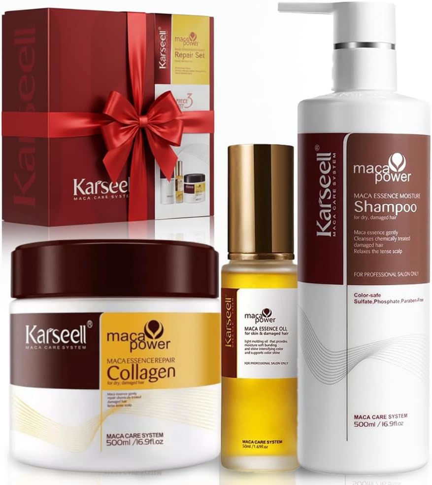 Karseell Maca Care System Set Riparazione Capelli – Maschera Collagene 500ml + Shampoo 500ml + Olio Argan 50ml – Trattamento Idratante Professionale Anticrespo Effetto Lucido per Capelli Secchi e Danneggiati