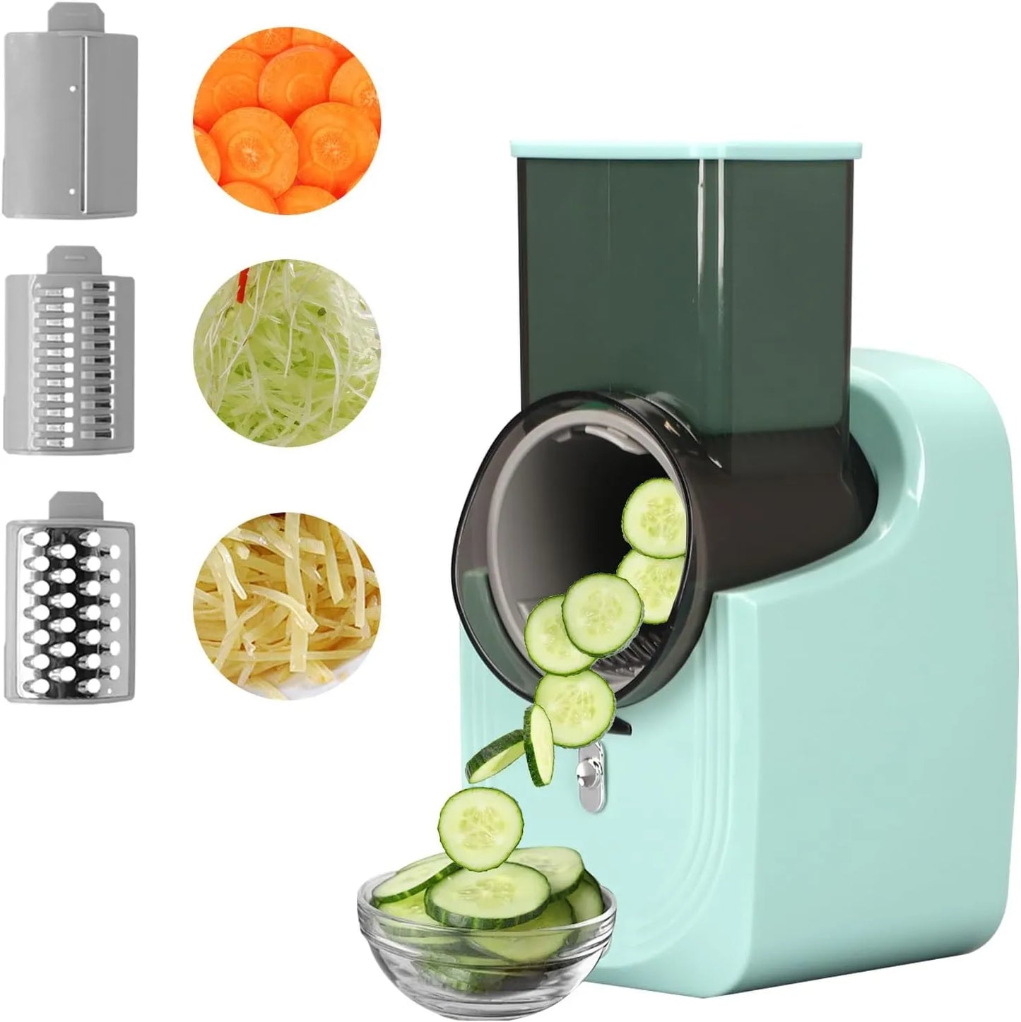 Grattugia Elettrica Multifunzione 3 in 1 50W con 3 Lame in Acciaio Inox – Affettatrice, Julienne e Grattugia per Formaggio, Verdure, Frutta e Cioccolato – Batteria 4500 mAh