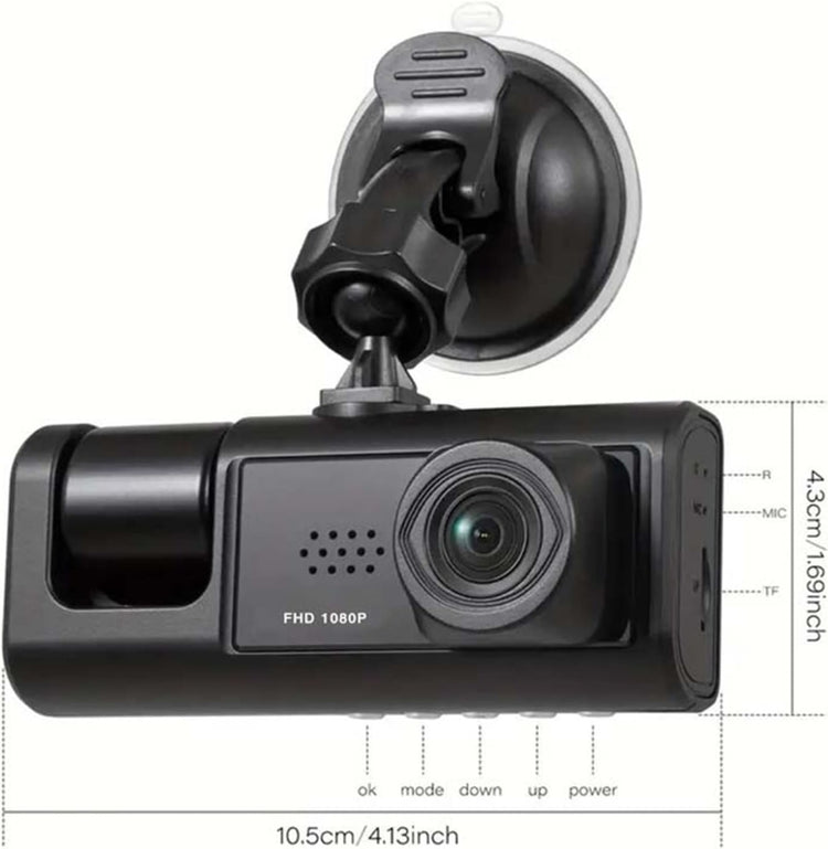 Dash Cam con Registrazione in Loop, Visione Notturna IR e Fotocamera 1080P a 3 Obiettivi con Schermo IPS da 2