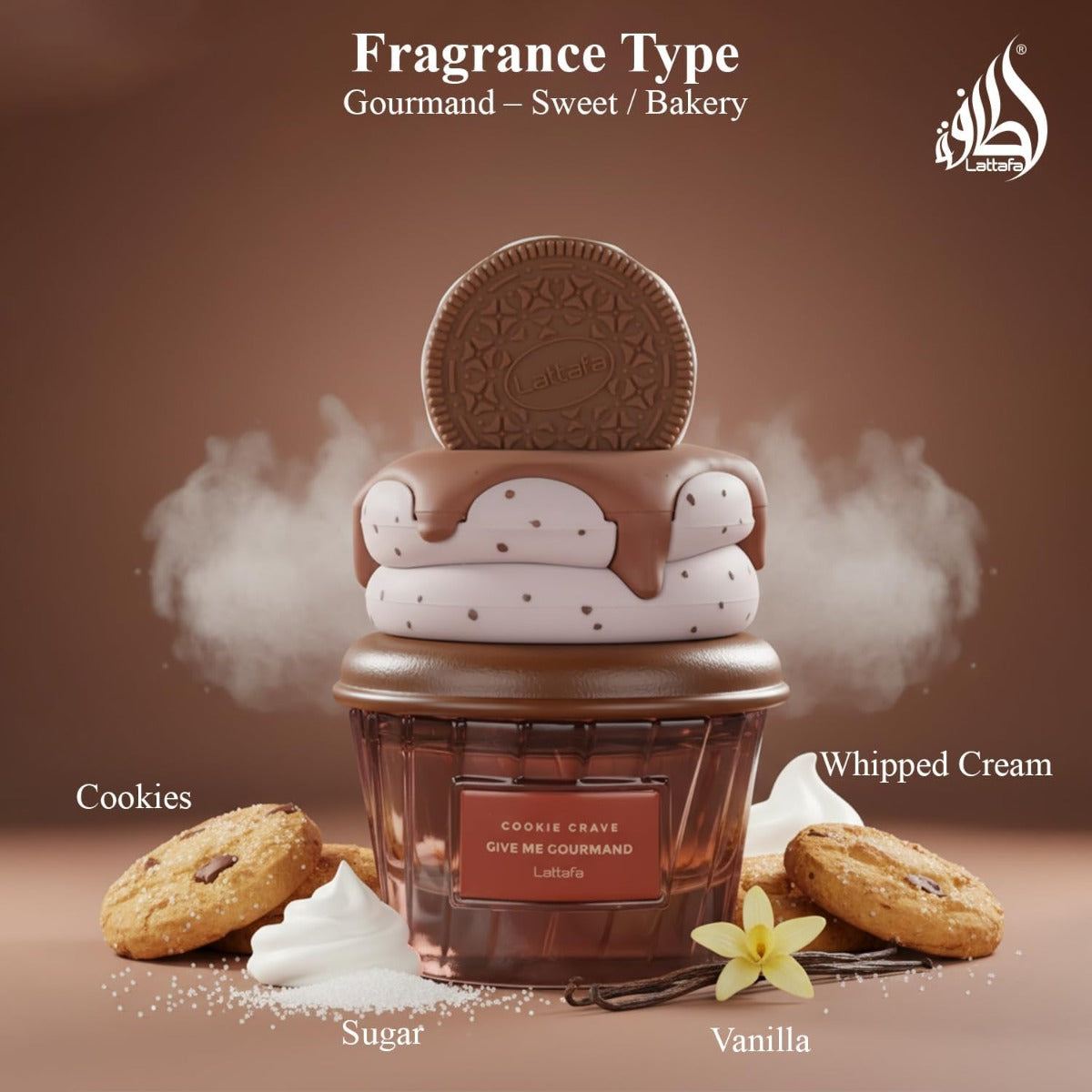 Lattafa Cookie Crave Profumo Orientale Vanigliato, Fragranza Donna 100ml, Note Burro Cacao Biscotto