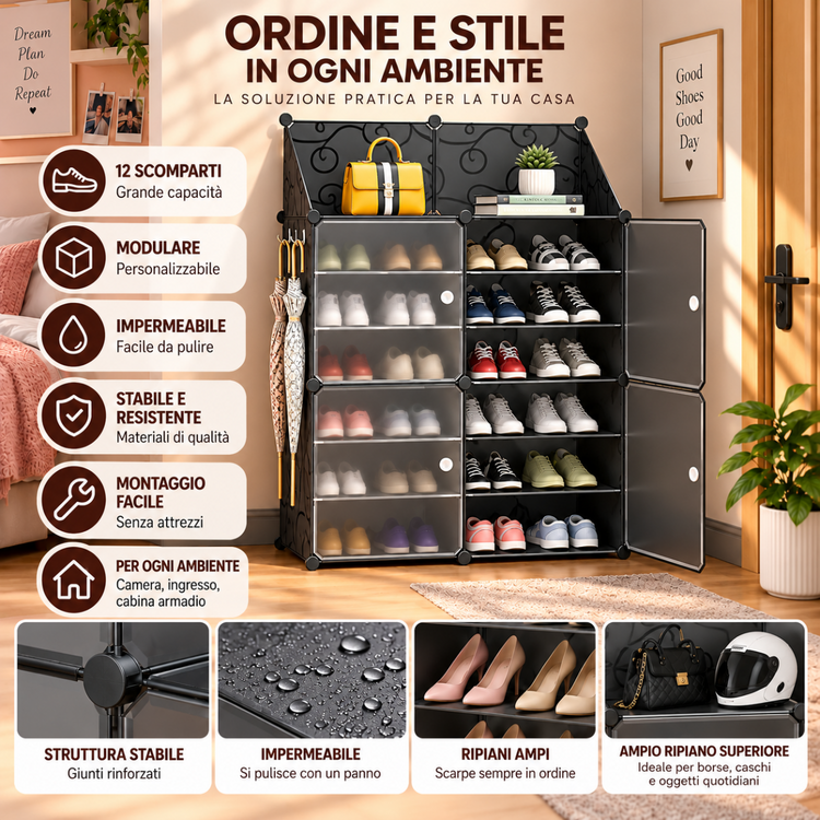 Scarpiera Smontabile Modulare a 4 Ante con 12 Ripiani, Struttura in Acciaio, Armadio Portascarpe Salvaspazio con Ante, Organizer per Ingresso, Camera e Corridoio - Nero