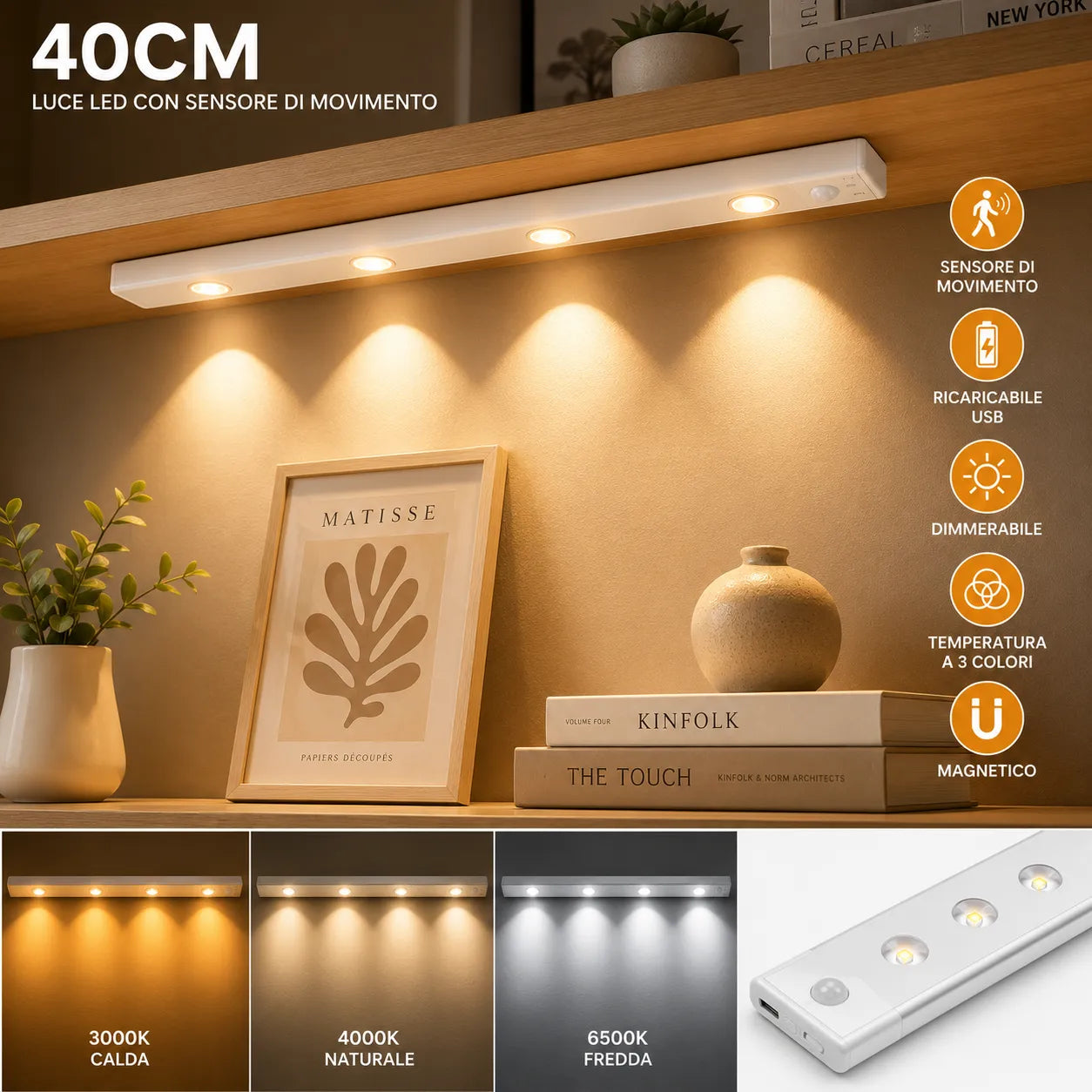 Luce LED Sottopensile 40 cm Ricaricabile con Sensore di Movimento