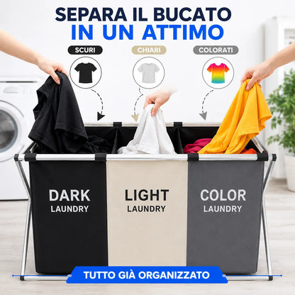 Cesto Portabiancheria 3 Scomparti Pieghevole con Telaio in Metallo – Porta Biancheria Salvaspazio per Bucato Scuri, Chiari e Colorati
