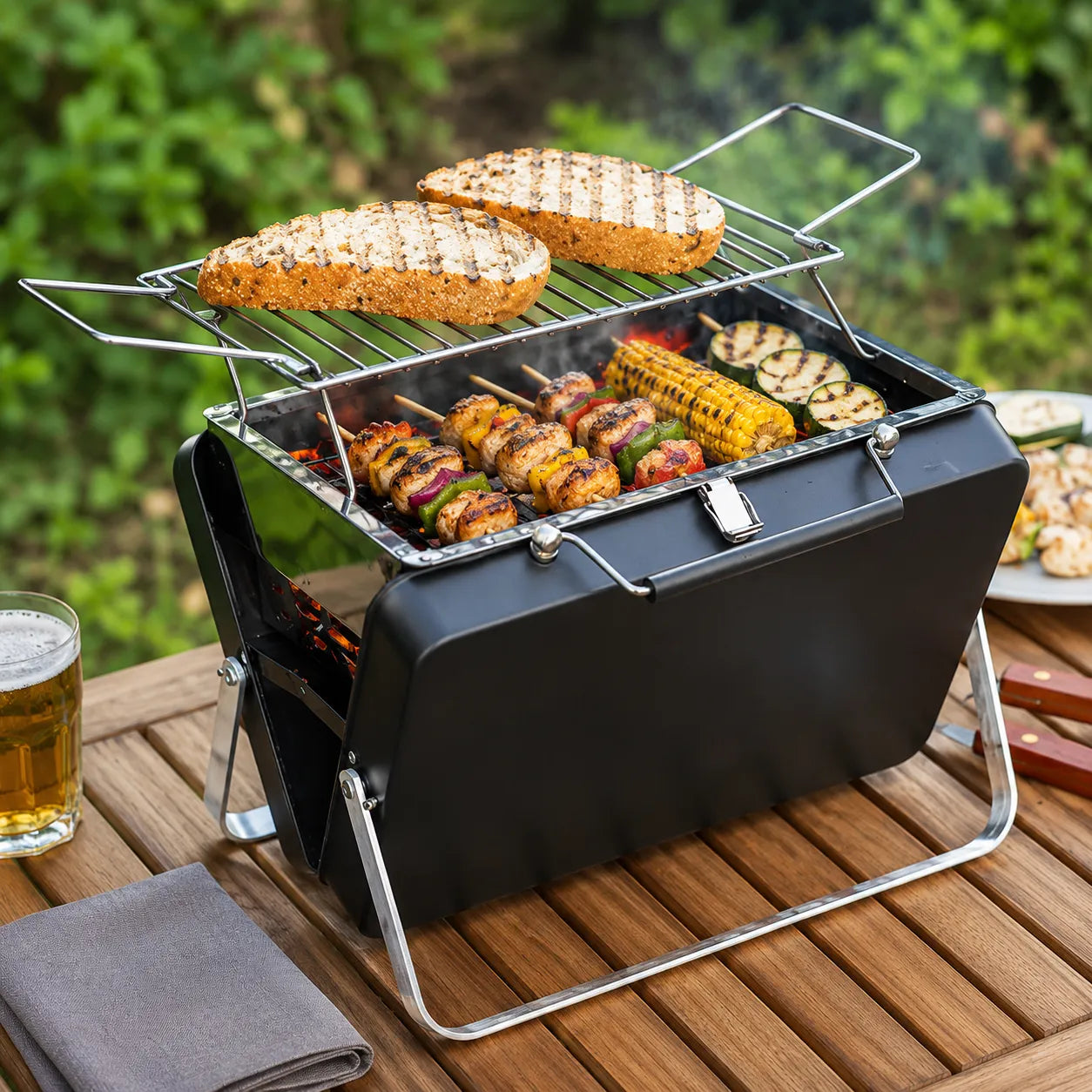 Barbecue Portatile Pieghevole a Valigetta in Acciaio Inox – Mini Griglia Compatta da Campeggio, Picnic, Giardino e Spiaggia con Griglia Ribaltabile e Scomparto Carbone Estensibile