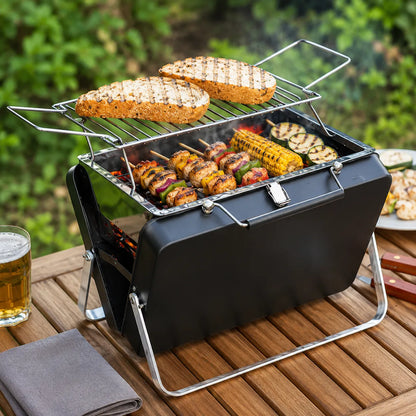 Barbecue Portatile Pieghevole a Valigetta in Acciaio Inox – Mini Griglia Compatta da Campeggio, Picnic, Giardino e Spiaggia con Griglia Ribaltabile e Scomparto Carbone Estensibile