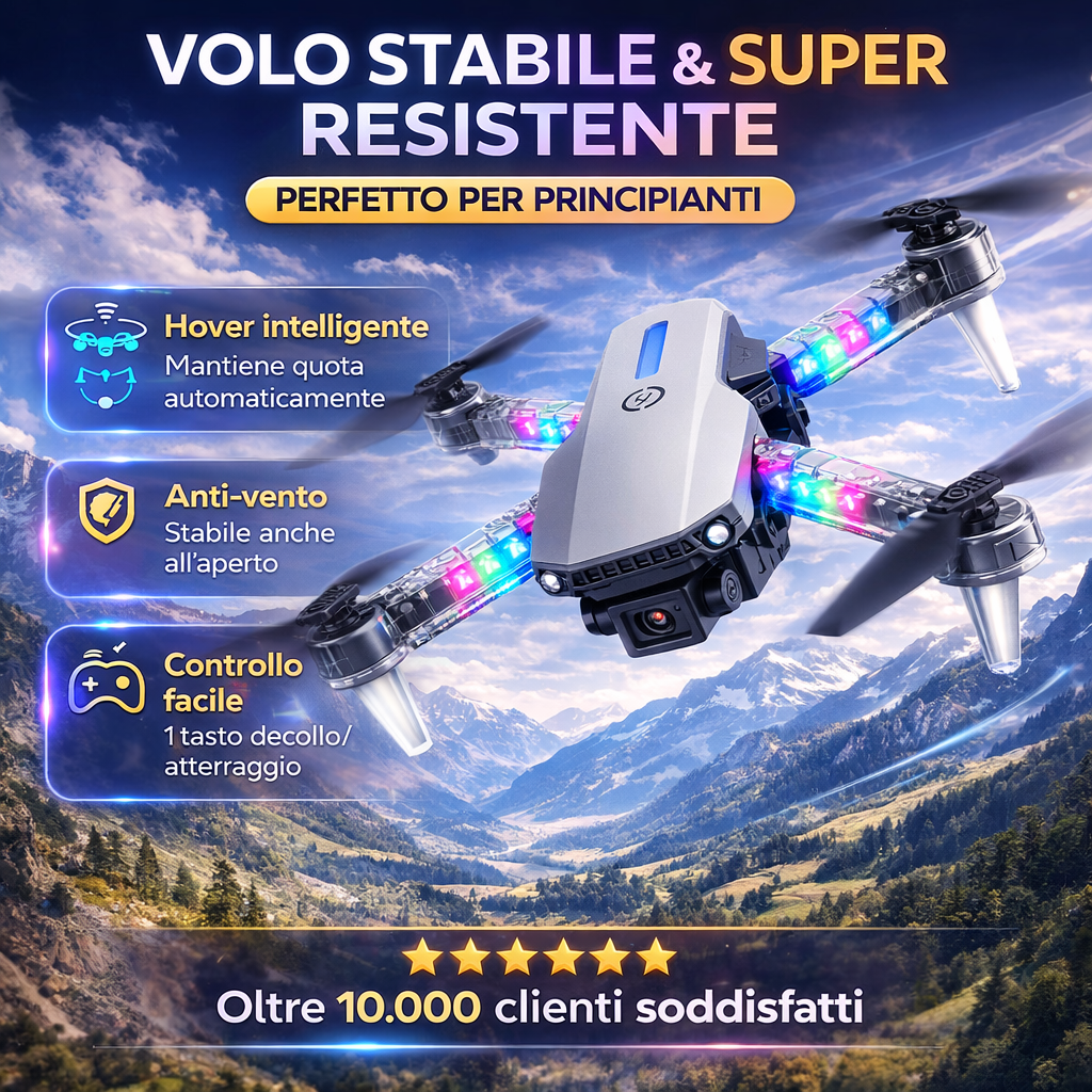 Drone pieghevole E88 D Pro con app e doppia fotocamera HD, luci LED, controllo remoto e mantenimento altezza
