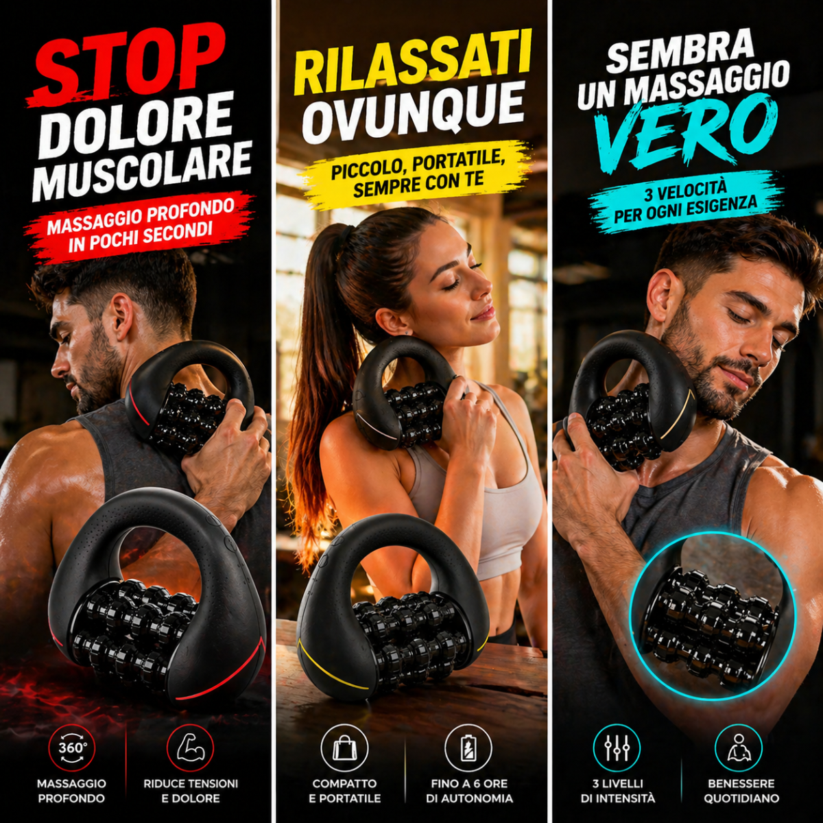 Massaggiatore Muscolare Elettrico Relixa Pro – Massaggio Percussivo 3 Velocità, Rulli Motorizzati, Sollievo Profondo Schiena Collo Corpo