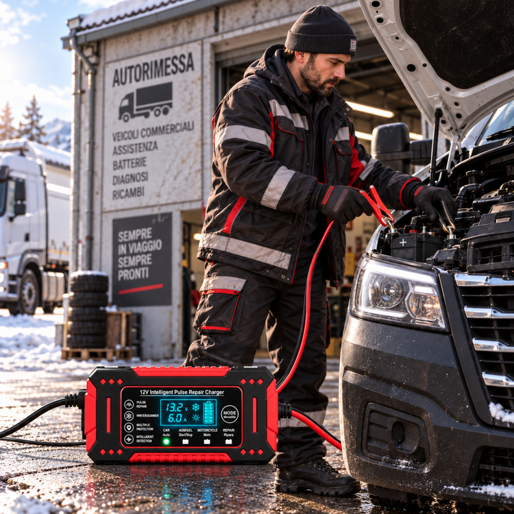 Caricabatterie Intelligente Auto e Moto 12V con Display Digitale LCD, Riparazione a Impulsi, Protezione Automatica e Morsetti – Nero e Rosso