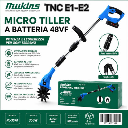 Micro Tiller a Batteria 48VF Mukins NL-3578 – Coltivatore Elettrico Cordless, Asta Regolabile e Pieghevole, 350W, 300 giri/min