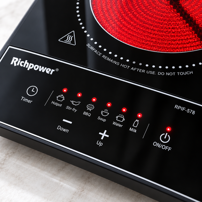 Piastra Elettrica a Infrarossi 2000W Richpower RPIF-578, Fornello Portatile in Vetroceramica con Comandi Touch, Funzioni di Cottura, Protezione dal Surriscaldamento e Spegnimento Automatico – Nero