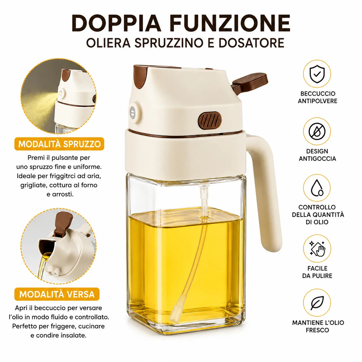 Spruzzatore Olio 2 in 1 500 ml in Vetro – Nebulizzatore e Dosatore per Cucina, Bottiglia per Olio d'Oliva, Aceto e Condimenti, Ideale per Friggitrice ad Aria, BBQ, Insalate e Cottura