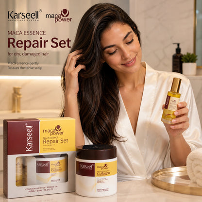 Karseell Maca Care System Set Riparazione Capelli Professionale – Maschera Collagene 500ml + Olio Argan 50ml – Nutriente Idratante Anticrespo Effetto Lucentezza per Capelli Secchi e Danneggiati