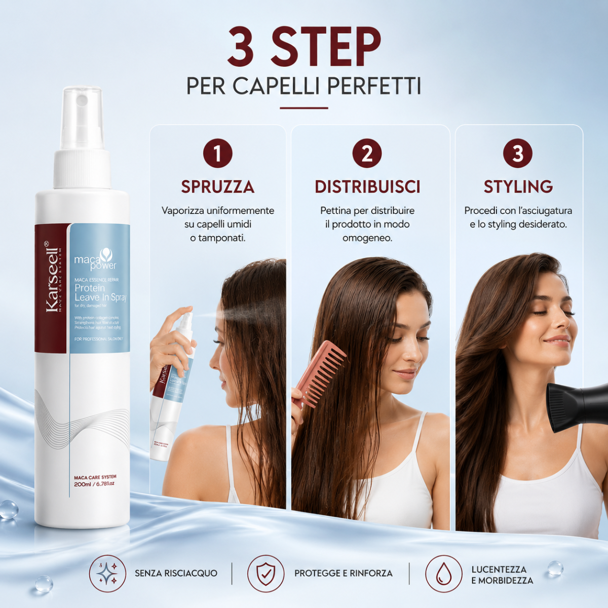 Karseell Maca Power Protein Leave In Spray 200ml – Trattamento Senza Risciacquo per Capelli Secchi e Danneggiati