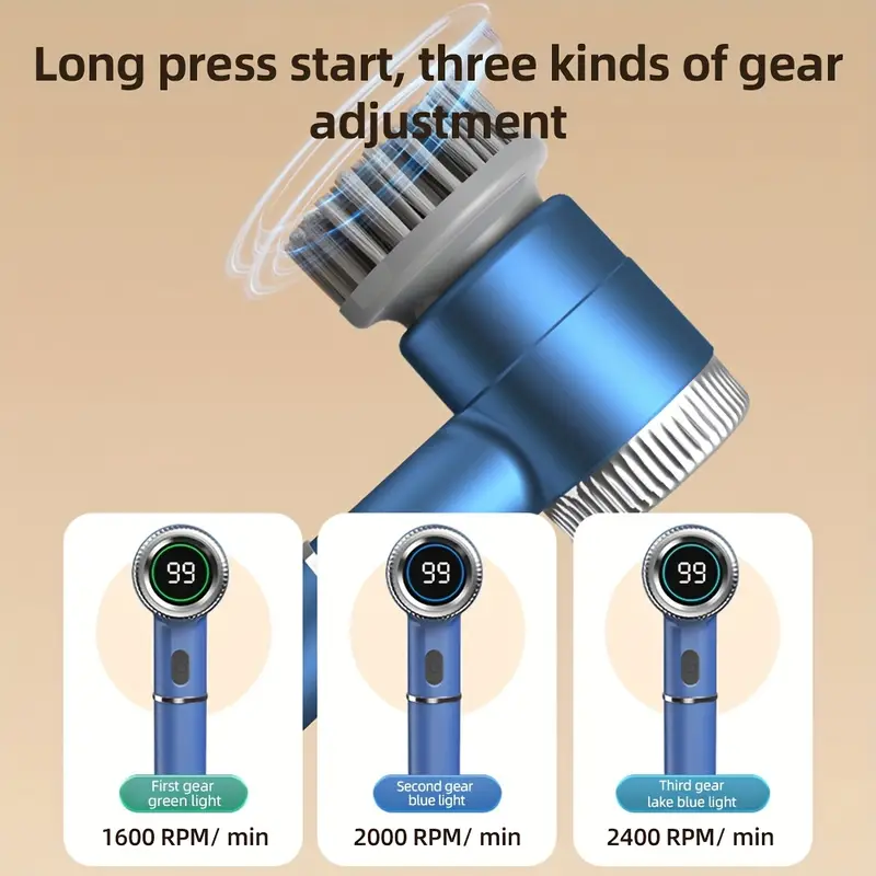 Spazzola Elettrica per Pulizia 5 in 1 – Motore Potente 3 Velocità (1600-2400 giri/min), Impermeabile IPX7, Wireless, Ricaricabile, con 5 Testine Intercambiabili