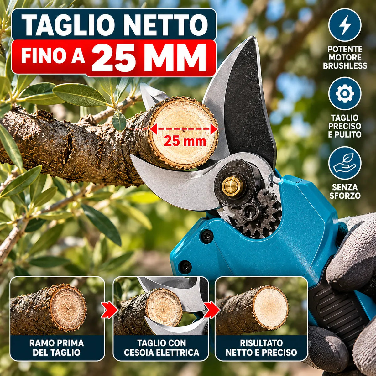 Cesoia Elettrica da Potatura a Batteria 48V Litio 2Ah Brushless Taglio 25 mm  apertura fino a 42 mm per Rami, Alberi, Vigneti e Giardinaggio
