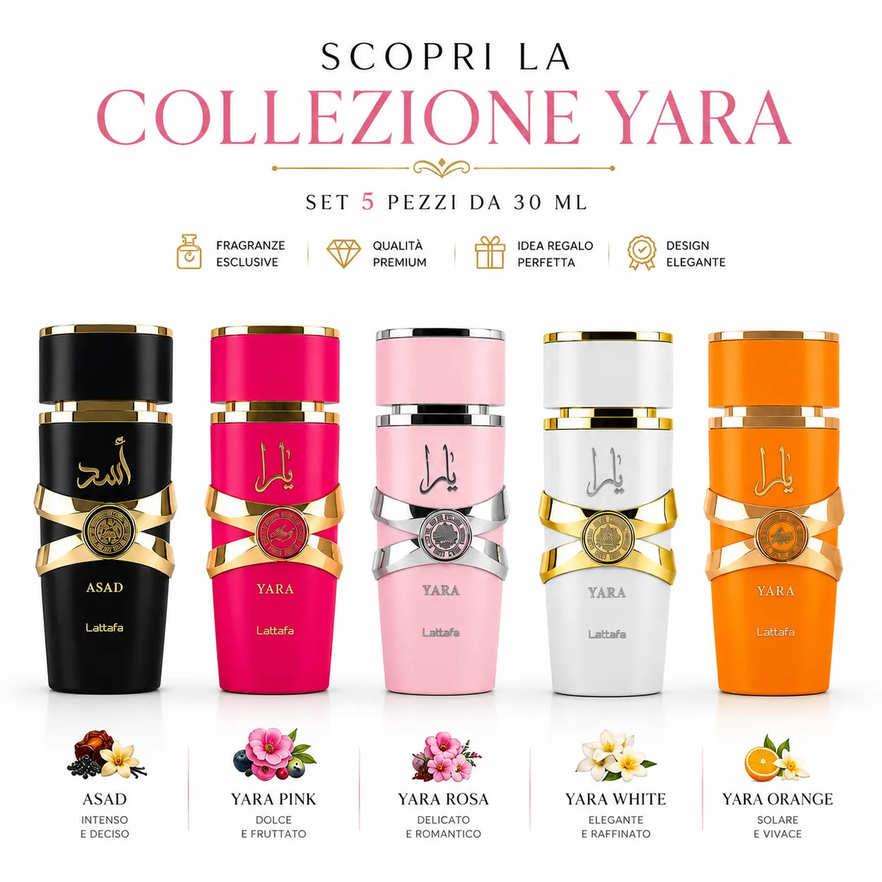 Set Profumi Lattafa Yara Collection 5 x 30 ml – Asad, Yara Pink, Yara Rosa, Yara White e Yara Orange – Eau de Parfum Unisex e Donna