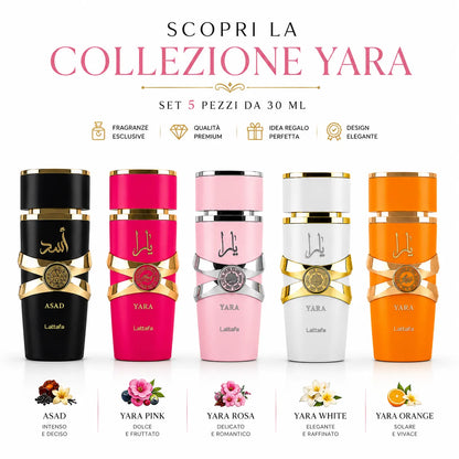 Set Profumi Lattafa Yara Collection 5 x 30 ml – Asad, Yara Pink, Yara Rosa, Yara White e Yara Orange – Eau de Parfum Unisex e Donna