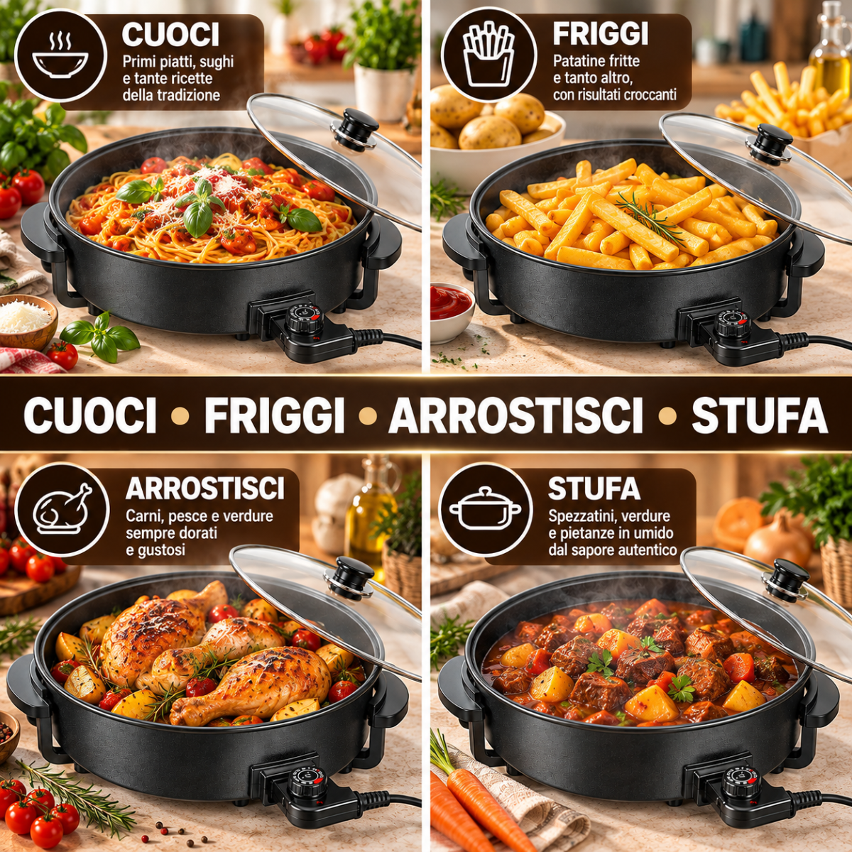 Tegame Elettrico Multifunzione 1500W Ø 30 cm con Coperchio in Vetro, Termostato Regolabile, Padella Antiaderente per Cucinare, Friggere, Arrostire e Stufare