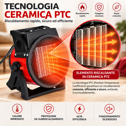 Termoventilatore Ceramico PTC 3000W Portatile – Stufetta Elettrica con 2 Livelli di Riscaldamento, Ventilazione Fredda e Inclinazione Regolabile 0°–40°
