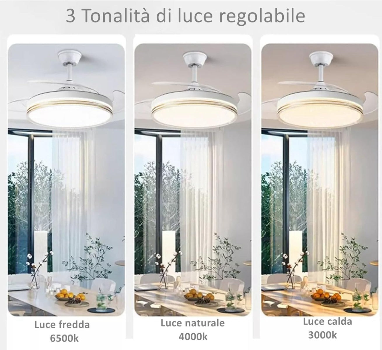 Ventilatore da Soffitto  con Luce LED Dimmerabile e Telecomando – 48" a Pale Retrattili, Silenzioso, Plafoniera Moderna per Interni