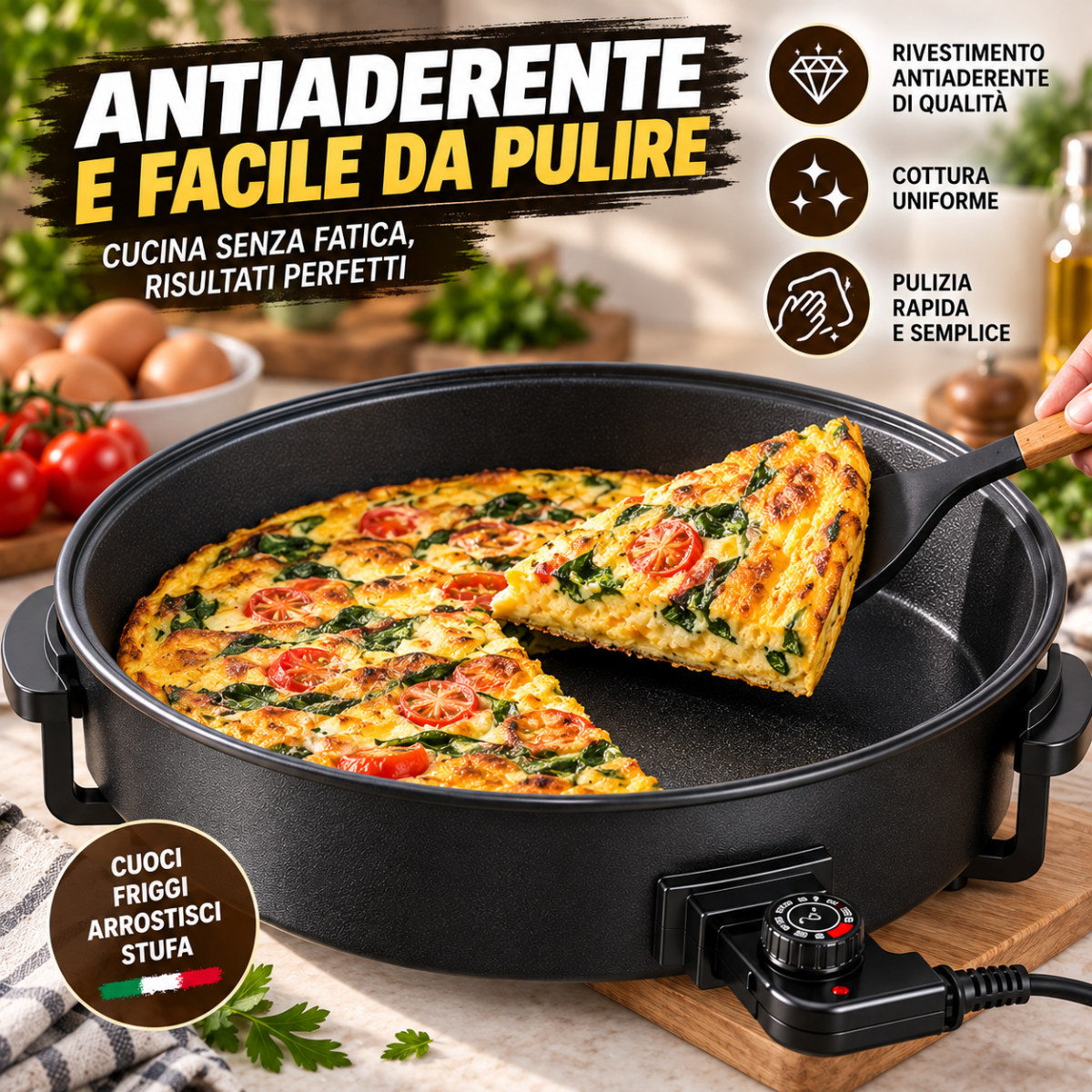 Tegame Elettrico Multifunzione 1500W Ø 30 cm con Coperchio in Vetro, Termostato Regolabile, Padella Antiaderente per Cucinare, Friggere, Arrostire e Stufare