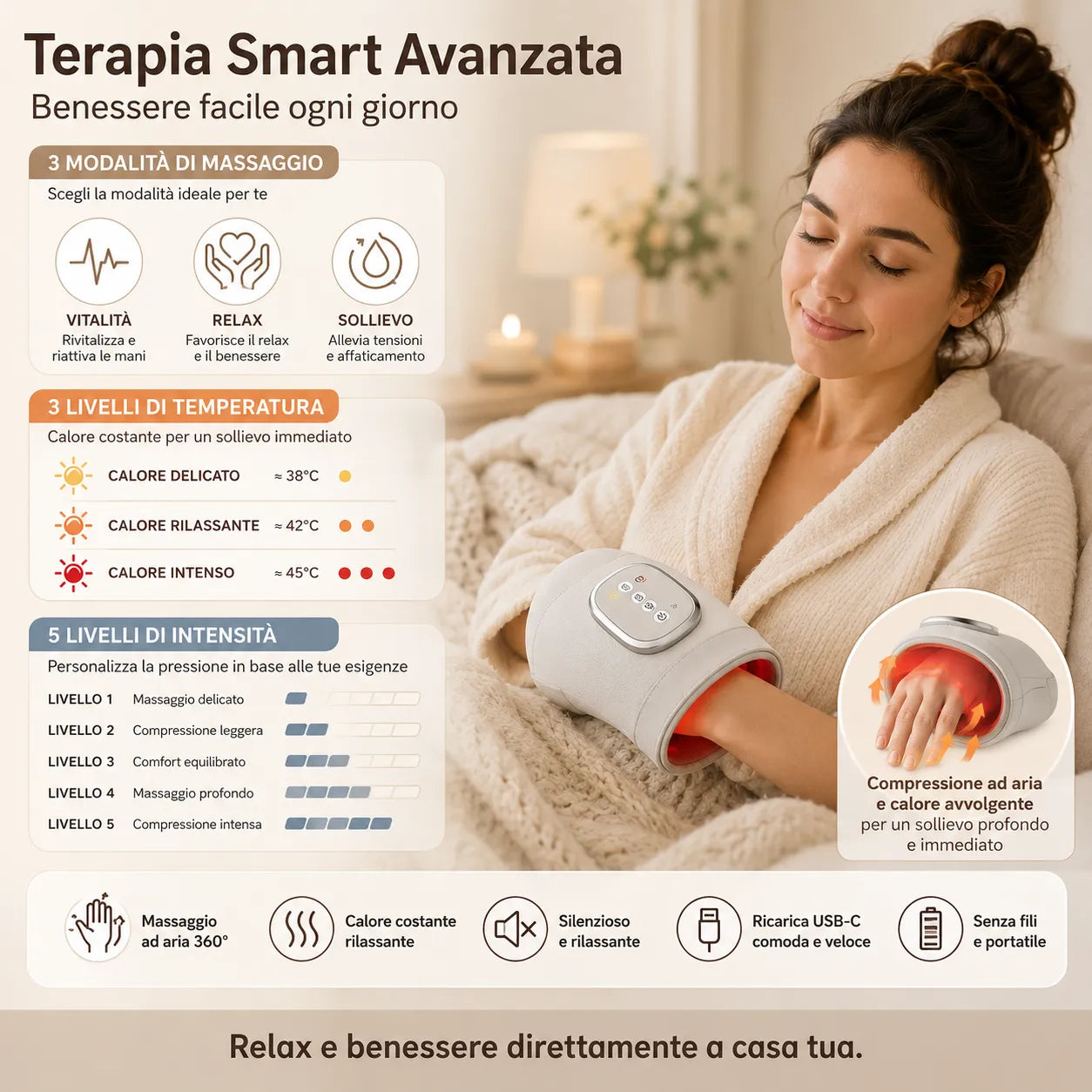 Massaggiatore Senza Fili per Mani con Calore e Compressione per artrite e sollievo dal tunnel carpale