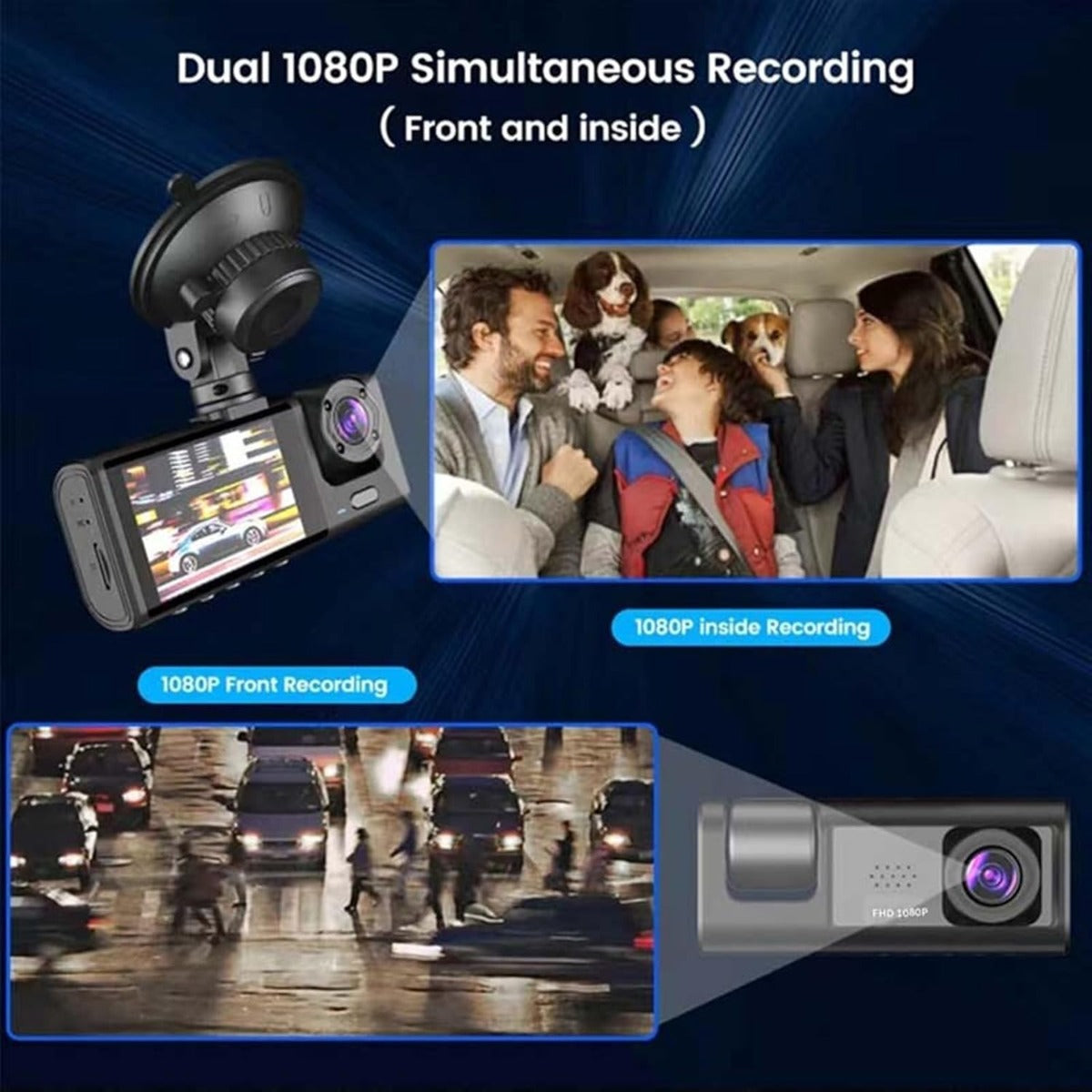 Dash Cam con Registrazione in Loop, Visione Notturna IR e Fotocamera 1080P a 3 Obiettivi con Schermo IPS da 2