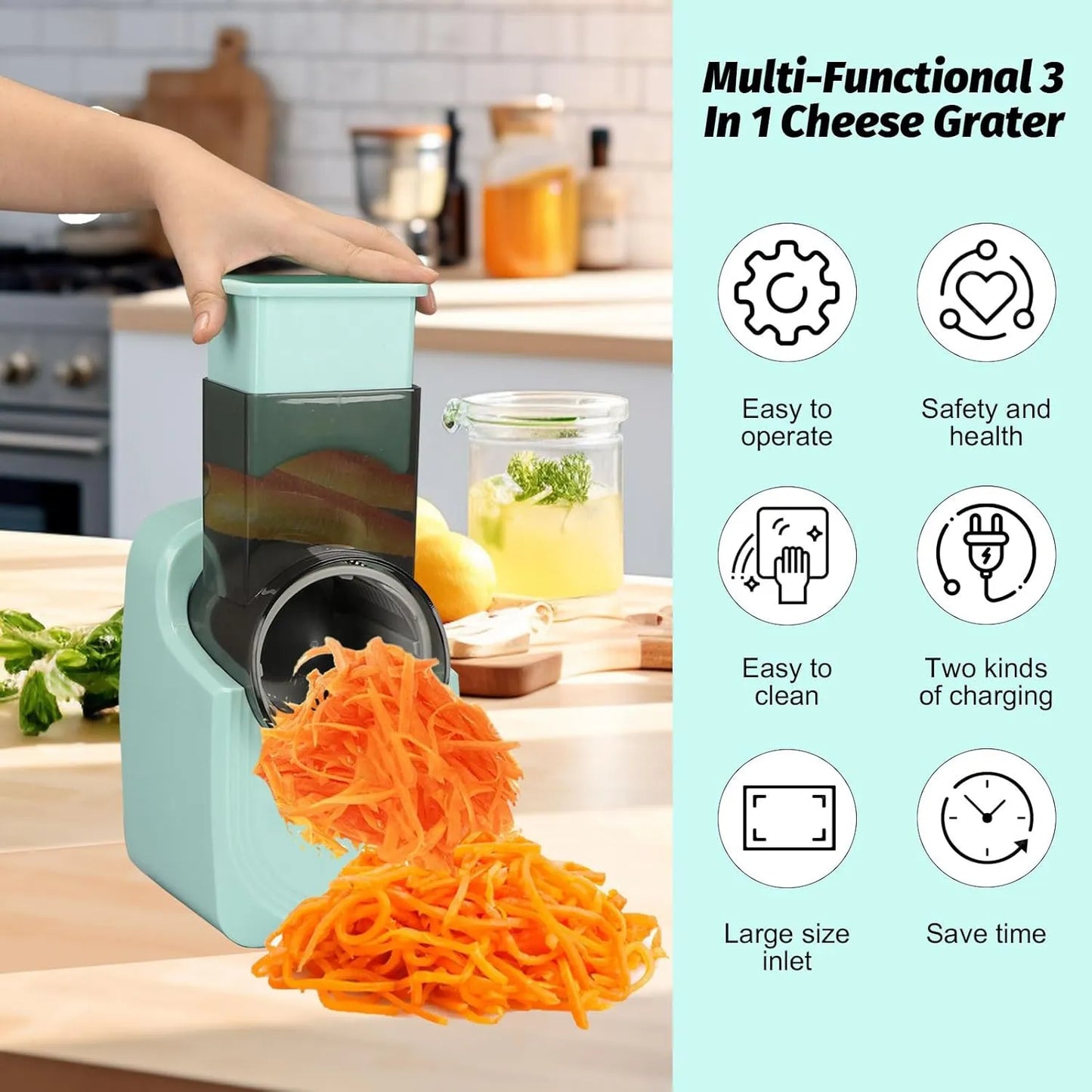 Grattugia Elettrica Multifunzione 3 in 1 50W con 3 Lame in Acciaio Inox – Affettatrice, Julienne e Grattugia per Formaggio, Verdure, Frutta e Cioccolato – Batteria 4500 mAh