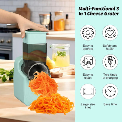 Grattugia Elettrica Multifunzione 3 in 1 50W con 3 Lame in Acciaio Inox – Affettatrice, Julienne e Grattugia per Formaggio, Verdure, Frutta e Cioccolato – Batteria 4500 mAh