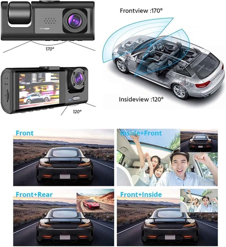 Dash Cam con Registrazione in Loop, Visione Notturna IR e Fotocamera 1080P a 3 Obiettivi con Schermo IPS da 2