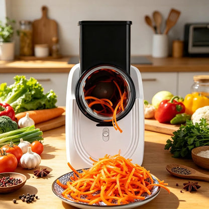 Grattugia Elettrica Multifunzione 3 in 1 50W con 3 Lame in Acciaio Inox – Affettatrice, Julienne e Grattugia per Formaggio, Verdure, Frutta e Cioccolato – Batteria 4500 mAh