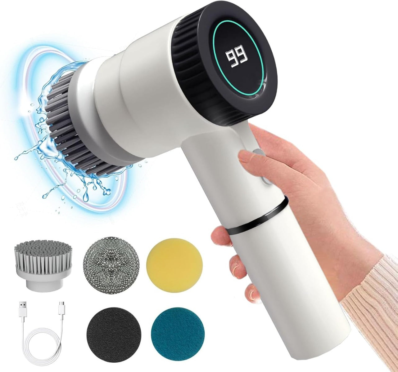 Spazzola Elettrica per Pulizia 5 in 1 – Motore Potente 3 Velocità (1600-2400 giri/min), Impermeabile IPX7, Wireless, Ricaricabile, con 5 Testine Intercambiabili