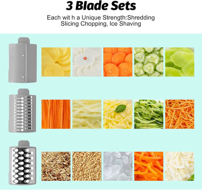 Grattugia Elettrica Multifunzione 3 in 1 50W con 3 Lame in Acciaio Inox – Affettatrice, Julienne e Grattugia per Formaggio, Verdure, Frutta e Cioccolato – Batteria 4500 mAh