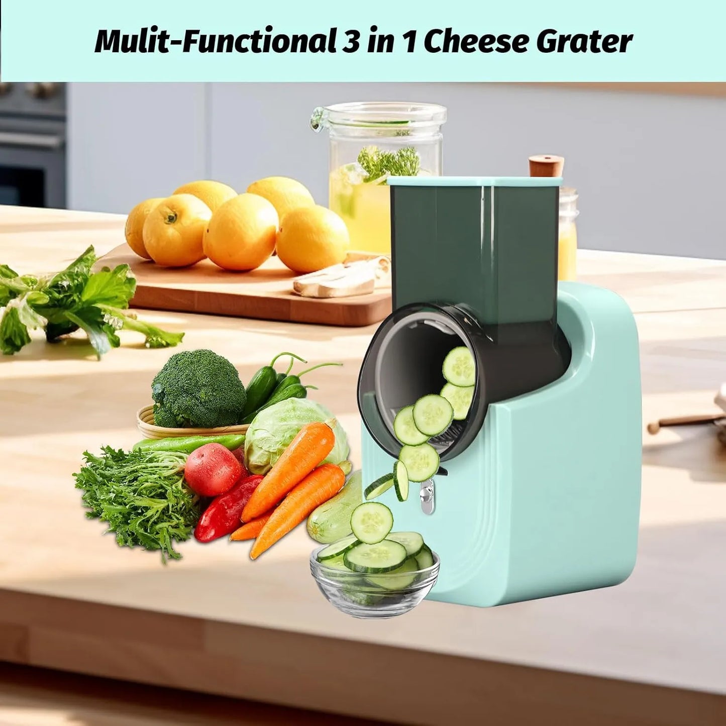 Grattugia Elettrica Multifunzione 3 in 1 50W con 3 Lame in Acciaio Inox – Affettatrice, Julienne e Grattugia per Formaggio, Verdure, Frutta e Cioccolato – Batteria 4500 mAh